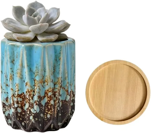 Bonita maceta circular de cerámica para decoración del hogar y jardín, suculentas, cactus, maceta no incluida (azul, 3.19 pulgadas)
