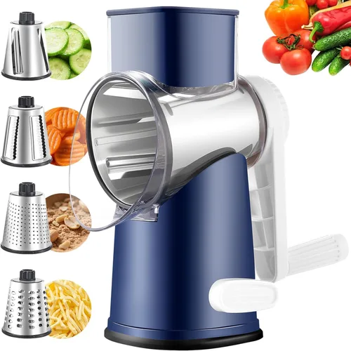 Miniatura 15 de Weltonhm Ralladores rotativos de queso con 4 cuchillas, rallador de queso de manivela con rebanador de gofres, triturador de queso rojo, negro