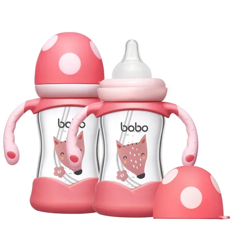 Miniatura 10 de YOHKOH Biberón de vidrio natural con pezón de respuesta natural, biberones de cuello ancho con asa, juego de biberones anticólicos para recién