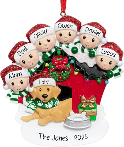 Adorno de Navidad personalizado para familia de 6 con perro 2026 | Padres, niños y cachorros con caseta para perros, decoración personalizada del
