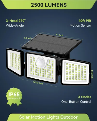 Miniatura 2 de Daphino - Luces solares para exteriores de 2500 lm con sensor de movimiento, luces de calle de 3 cabezales con ángulo amplio de 270°, iluminación