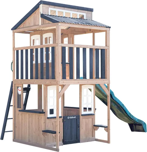 Miniatura 2 de KidKraft Cliffbrook - Casa de juegos de madera para exteriores de dos pisos con tobogán