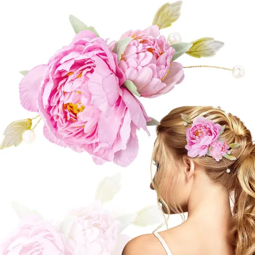 Miniatura 9 de HINZIC 2 pinzas para el pelo de flores de seda para mujeres, broches de flores 2 en 1, pasadores para el cabello con perlas florales para mujeres