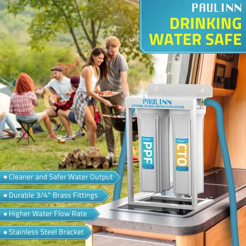 Miniatura 5 de PAULINN Sistema de Filtros de Agua Dobles Externos para RV, Filtro de Agua para Caravana Libre de Plomo y BPA con Accesorios de Latón y Soporte