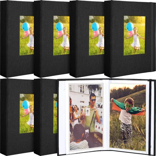 Álbum de fotos pequeño de 6 piezas de 4 x 6 pulgadas, cubierta de lino con ventana frontal, álbum de recortes con capacidad para 52 fotos, mini Negro