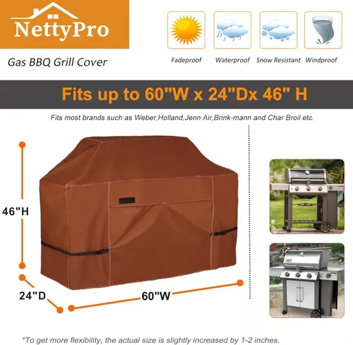 Miniatura 5 de NettyPro Cubierta de parrilla para parrilla al aire libre de 60 pulgadas, impermeable, resistente, cubierta de barbacoa de gas para exterior Weber