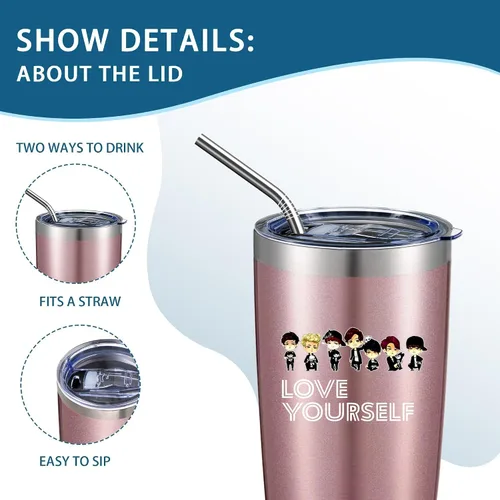Miniatura 5 de Love Yourself Regalo inspirador para los fanáticos de la música, vaso de café helado de acero inoxidable aislado de 20 Oz con tapa, pajita