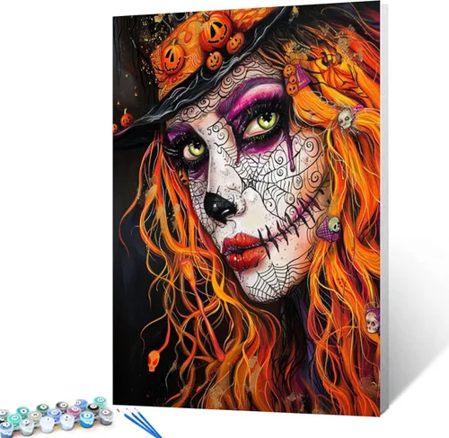 Miniatura 20 de Kit de Pintura por Números de Retrato de Mujer Calavera de Azúcar al Óleo de 16 x 20 Pulgadas, Lienzo para Halloween, Decoración para Mujeres, Chica