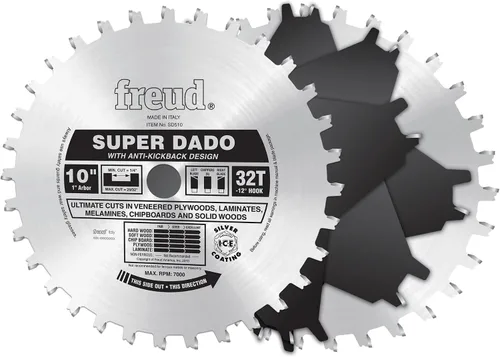 Freud Juego Super Dado de 10" con Carburo Tico de Alta Densidad para Ranuras de Fondo Plano - Incluye 2 Cuchillas, 6 Cortadores, Juego de Calzas y