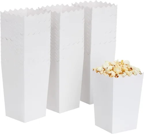 BLUE PANDA Cajas de palomitas de maíz para fiesta, paquete de 100, blancas, 3.3 x 5.5 x 3.5 pulgadas, cajas de palomitas de maíz blancas para noche