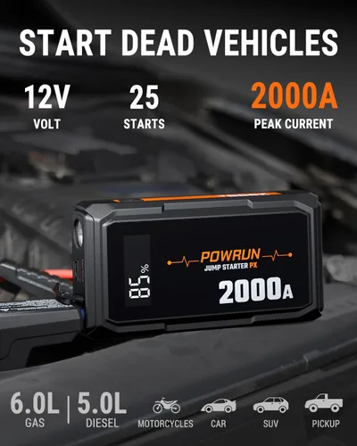 Miniatura 2 de Powrun P-X Arrancador de Salto, Caja de Salto Portátil de 2000A - Paquete de Batería de Arrancador de Coche para hasta 6.0L de Gasolina y 5.0L
