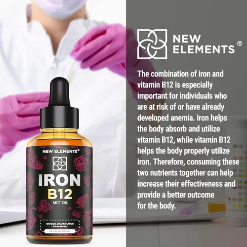 Miniatura 7 de New Elements Suplemento de hierro líquido para mujeres y hombres con vitamina B12 de 5000 mcg, constructor de sangre libre para la anemia, gotas