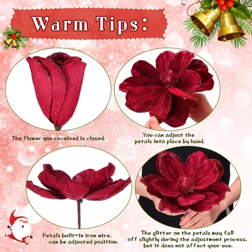 Miniatura 5 de 12 piezas de flores de pascua de Navidad grandes de terciopelo con cabezas grandes de flores de magnolia artificiales con purpurina para decoración