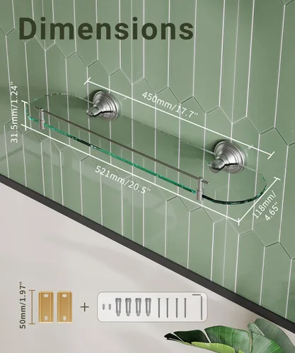 Miniatura 7 de Estante de vidrio de 20 pulgadas para baño, estantes de vidrio de baño de níquel cepillado montados en la pared, estantes de vidrio flotantes