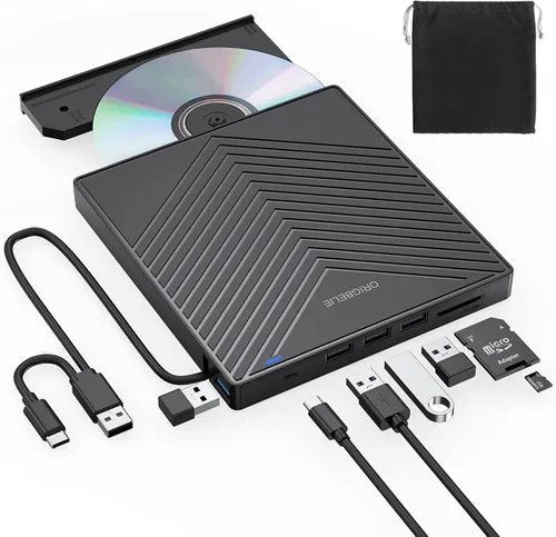 Miniatura 11 de ORIGBELIE Unidad externa de CD y DVD, grabadora de CD USB 3.0 con 2 puertos USB y 2 ranuras para tarjetas TF/SD, unidad de disco óptico