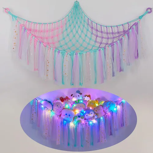 Miniatura 21 de FIOBEE Red de Animales de Peluche o Hamaca con Luz LED, Hamaca de Juguetes Colgante Organizador de Almacenamiento Soporte para Animales de Peluche