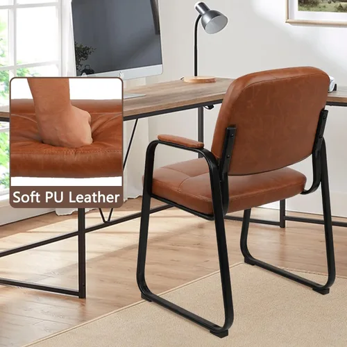 Miniatura 8 de CLATINA Sillas de recepción de espera sin ruedas, silla de invitados de cuero con brazos acolchados, modernas sillas de escritorio de oficina marrón