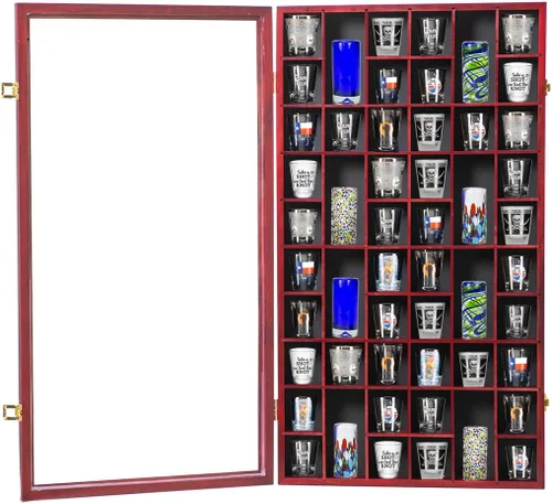 Vitrina para Vasos de Chupito, Gabinete Grande de Madera, Soporte Montado en Pared, Caja de Sombra de Caoba con Cerradura y Protección UV, Puerta de