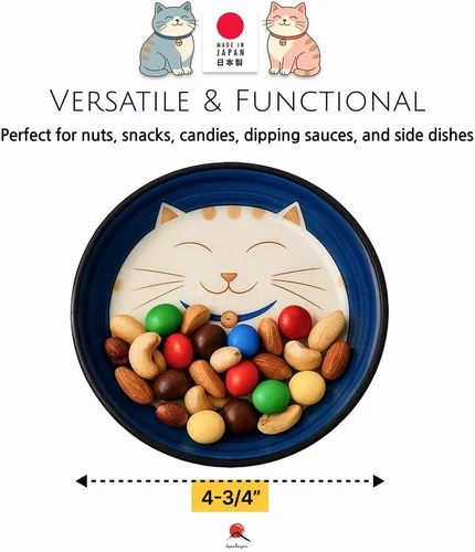 Miniatura 2 de JapanBargain 2566 - Juego de 2 platos de salsa japonesa de porcelana para aperitivo, postre y pastel con patrón de gato sonriente de la suerte