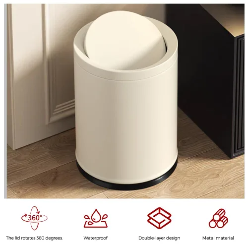 Miniatura 6 de Cubo de basura de metal blanco hueso de 2.6 galones con tapa, doble cubo, tapa oscilante, cesta de basura redonda para baño, dormitorio, oficina