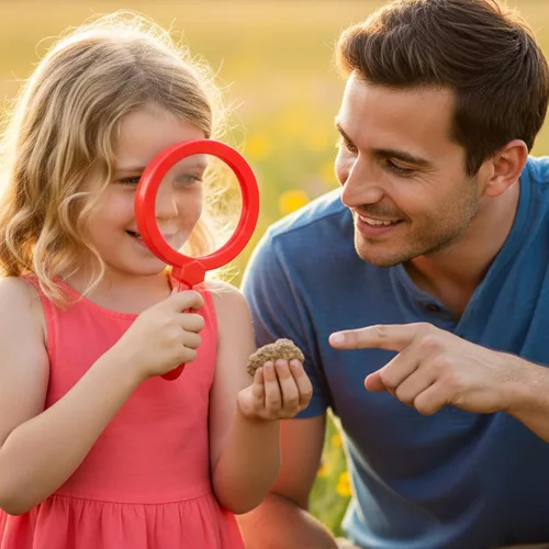 Miniatura 4 de Lupa para niños con soporte, lupa de mano 5X, lupa portátil, lupa de aumento para niños para juegos de exploración, lectura, observación al aire Rojo