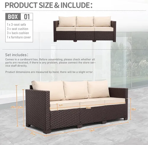 Miniatura 2 de Oasishine Muebles de patio de 3 asientos, sofá de mimbre para exteriores, sofá de exterior, asiento profundo, respaldo alto, cojines Caqui