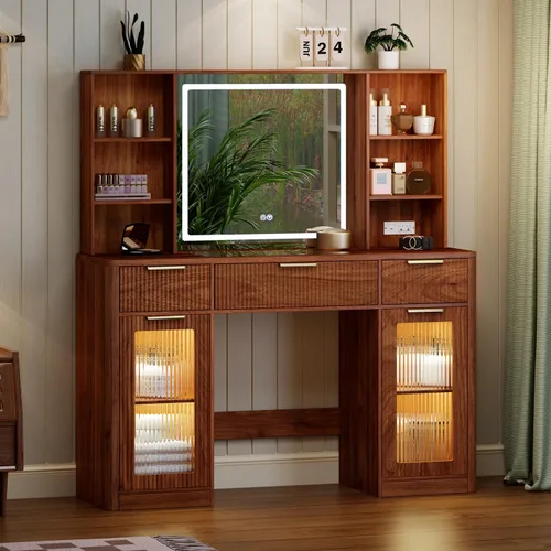 Miniatura 11 de Tocador grande de 47 pulgadas, moderno escritorio de maquillaje acanalado con espejo y luces, tocador superior de cristal con 3 cajones y 2 armarios