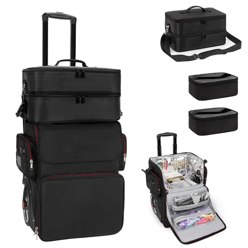 Miniatura 9 de Estuche de maquillaje grande con una bolsa de viaje grande para estilista, bolsa de peluquería con bolsa desmontable, aislamiento térmico y capa