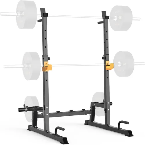 Máquina para sentadillas, soporte para pesas, soporte plegable para pesas y banco de prensa, altura y ancho ajustables. Con barras de dominadas,