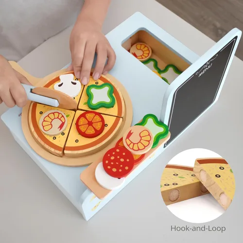 Miniatura 3 de Pillowhale Set de Pizza de Madera – 24 Piezas Juguete de Pizza de Juego Simbólico para Cortar y Servir, Corte con Velcro, Juego de Rol de Cocina