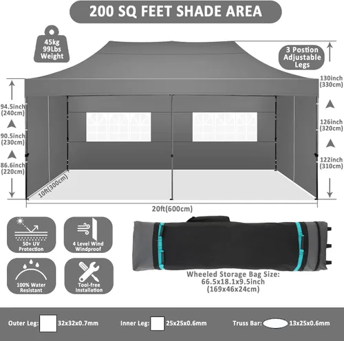 Miniatura 4 de COBIZI - Carpa emergente plegable de 10x20 pies con 6 paredes laterales, carpa resistente UPF 50+ para todas las estaciones, resistente al viento