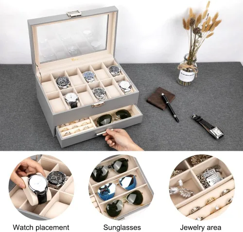 Miniatura 5 de Voova Joyero organizador de cajas de reloj para hombres y mujeres 2 capas grandes de 12 ranuras de piel sintética estuche de almacenamiento