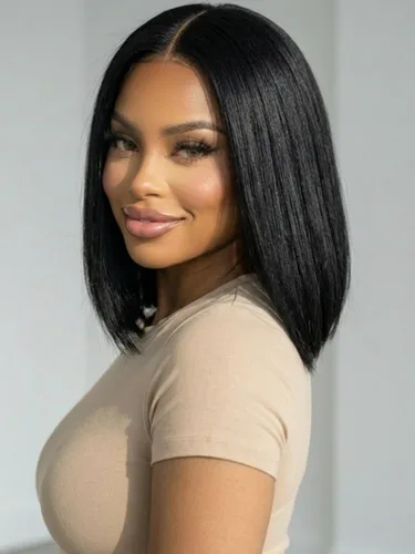 Miniatura 51 de KLAIYI Peluca de cabello humano con encaje frontal precortada 7x5, corte Bob en capas, corte romo, cordón sin pegamento, peluca predepilada