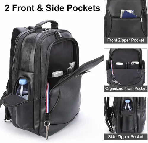 Miniatura 4 de TIDING Mochila de cuero genuino para hombres de gran capacidad 17.3 pulgadas portátil bolsa negra impermeable negocios trabajo viaje mochila