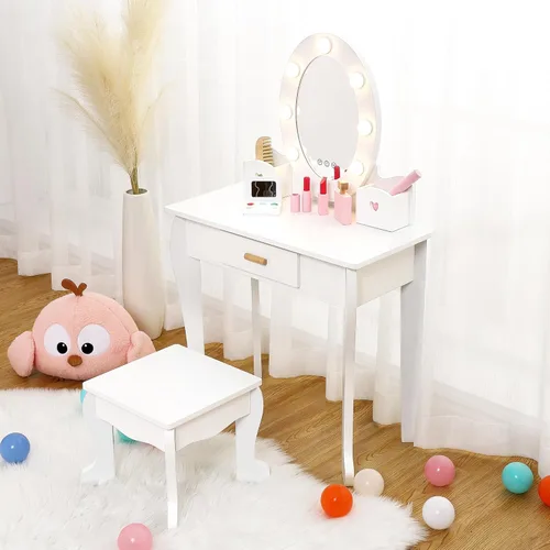 Miniatura 9 de Garvee Juego de tocador para niños, juego de mesa y silla para niñas con espejo iluminado, taburete y juego de maquillaje de madera, rosa