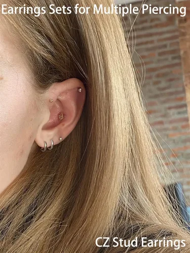 Miniatura 4 de Juego de aretes para múltiples piercings, 6 pares de aretes de aro pequeños chapados en oro de 14 quilates con parte trasera plana, aretes