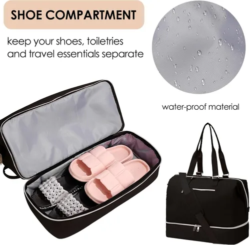 Miniatura 4 de Bolsa de fin de semana con compartimento para zapatos, bolsa de viaje para pasar la noche, Negro -, Estilo conciso
