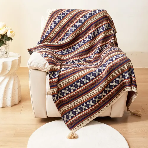 Miniatura 11 de AIVIA Manta bohemia para silla y cama, manta bohemia de punto de poliéster con rayas geométricas para todas las estaciones, manta tejida para sofá