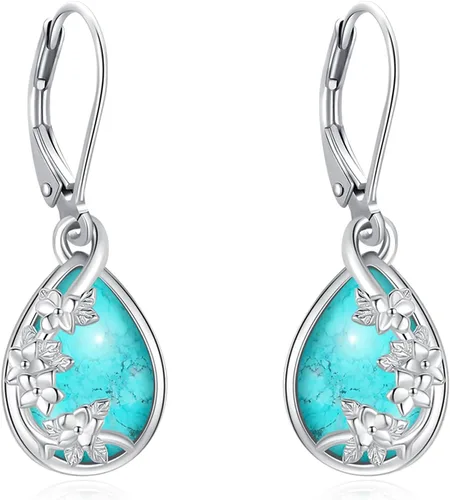 Miniatura 67 de Aretes colgantes de plata de ley con diseño de árbol de la vida, flor, abeja, animales, gato, colibrí, piedra lunar, turquesa, aretes con cierre