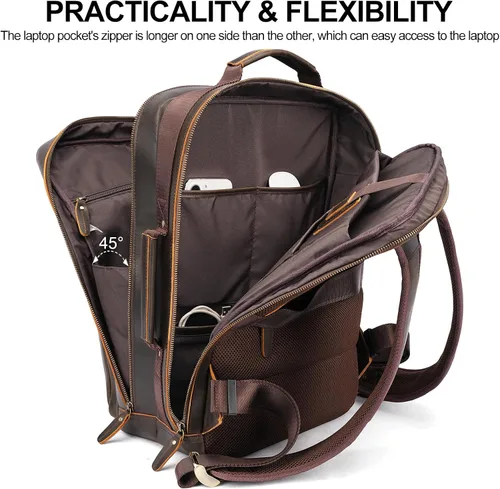 Miniatura 4 de TIDING Mochila para portátil de cuero de grano completo de 17.3 pulgadas para hombres, multibolsillos, casual, mochila de viaje de negocios, Marrón