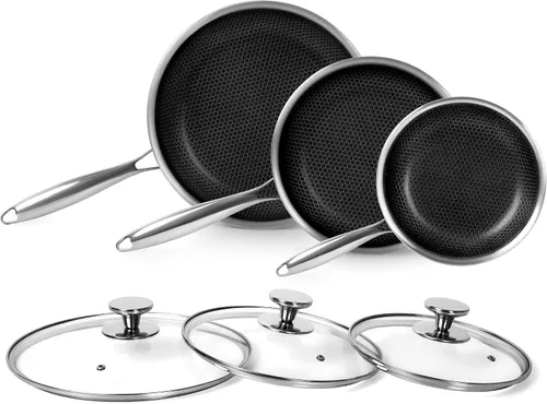Innerwell Juego de sartén de acero inoxidable de tres capas con tapa, 8 pulgadas, 9.5 pulgadas y 11 pulgadas, juego de sartenes antiadherentes de