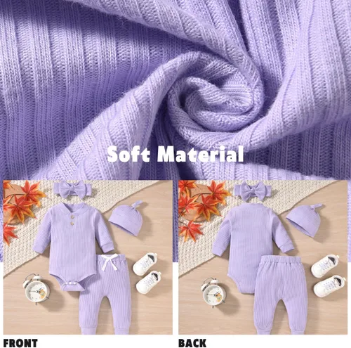 Miniatura 5 de Aalizzwell Traje acanalado de manga larga neutral para bebé con sombrero y diadema