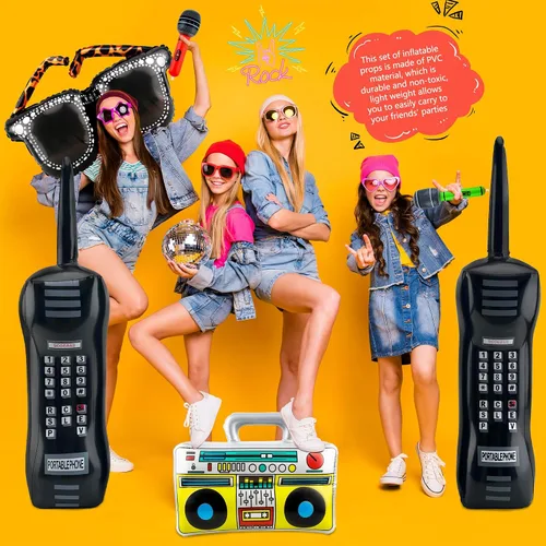 Miniatura 5 de 10 piezas de decoraciones inflables de los años 80 y 90, incluye radio inflable Boombox, teléfono móvil inflable, lentes inflables para decoraciones