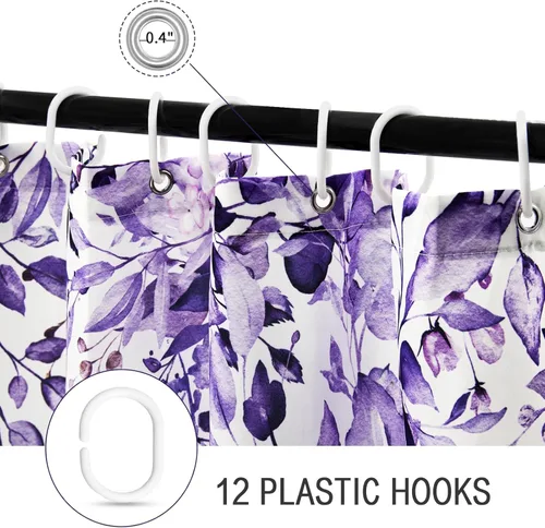 Miniatura 5 de Gibelle - Cortina de ducha de eucalipto morado, hojas de plantas de acuarela con diseño floral, juego de cortina de ducha con ganchos, 72 x 72