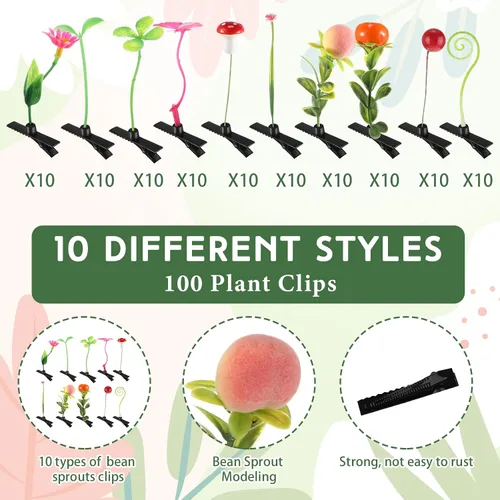 Miniatura 3 de Tigeen - 100 piezas de pinzas para el cabello con diseño de brotes de judías, divertidas horquillas de plantas, flores de césped, mariposas, hongos