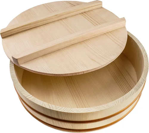 Kichgather Tazón de arroz de madera para sushi con tapa Hangiri Sushi Oke Sushi Arroz Mezclador (13 pulgadas con tapa)