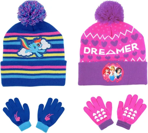 Paquete de 2 sombreros de invierno para niños, guantes o mitones, My Little Pony y Princess Baby Beanie para niñas de 4 a 7 años, azulrosa, AzulRosa