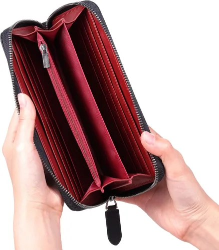 Miniatura 66 de VISOUL Cartera larga de cuero con cremallera para hombres y mujeres con bloqueo RFID, cartera larga de embrague grande con cremallera, Negro