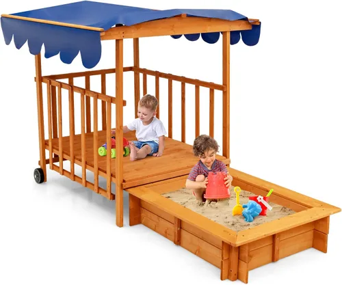 HONEY JOY Caja de arena 3 en 1 para niños con casa de juegos y toldo, madera de cedro sin fondo para patio trasero con ruedas, barandillas y
