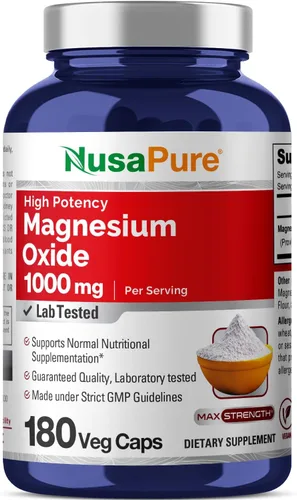 NusaPure Óxido de magnesio 1,000 mg por porción 180 cápsulas vegetales (sin OMG, vegano)